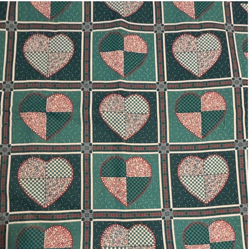 Vintage Patchwork Heart Print Cotton Fabric Green Red Grid 72x44 Quilting